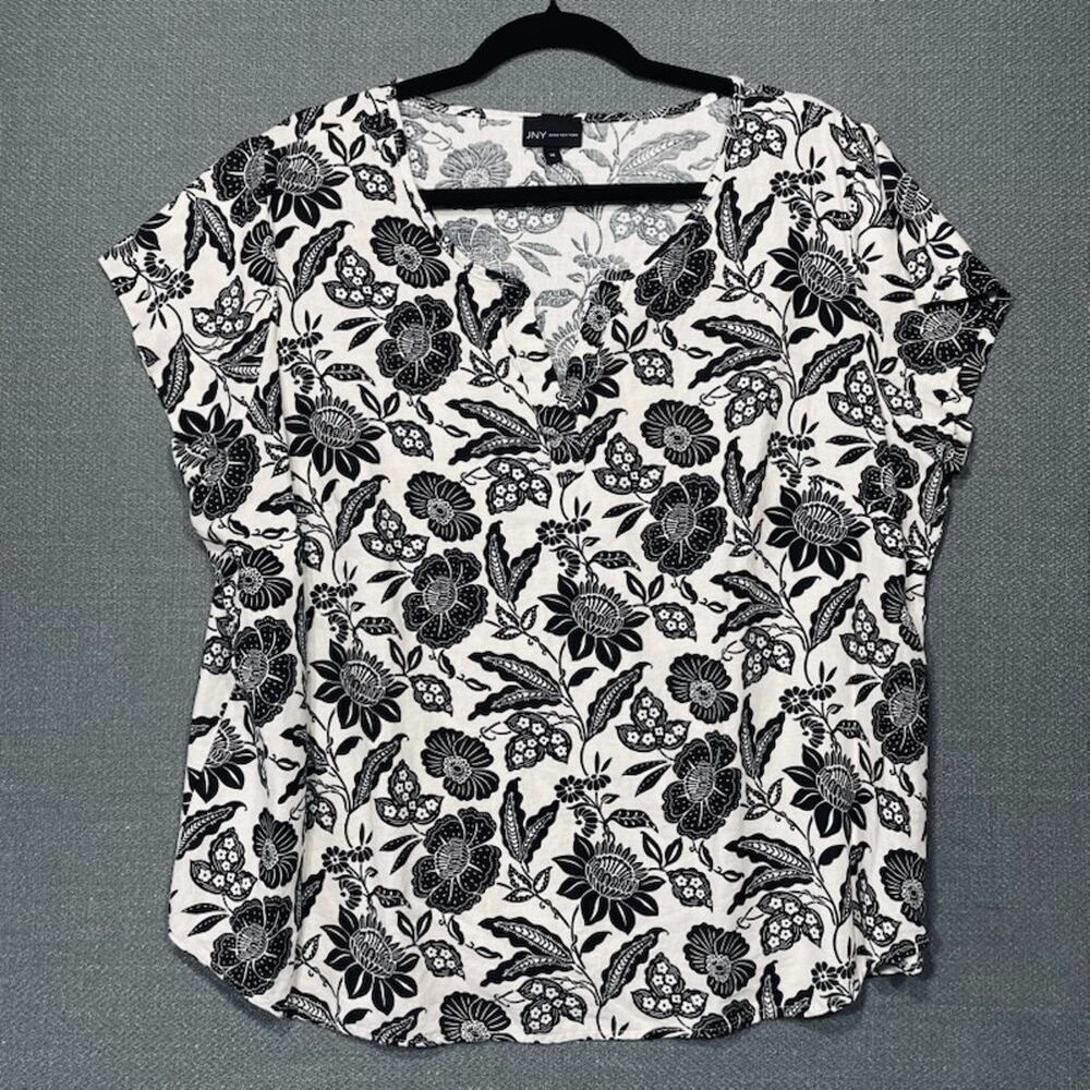 JNY Jones New York 1X Top Blouse Black White Floral Linen Blend V-Neck Plus Size